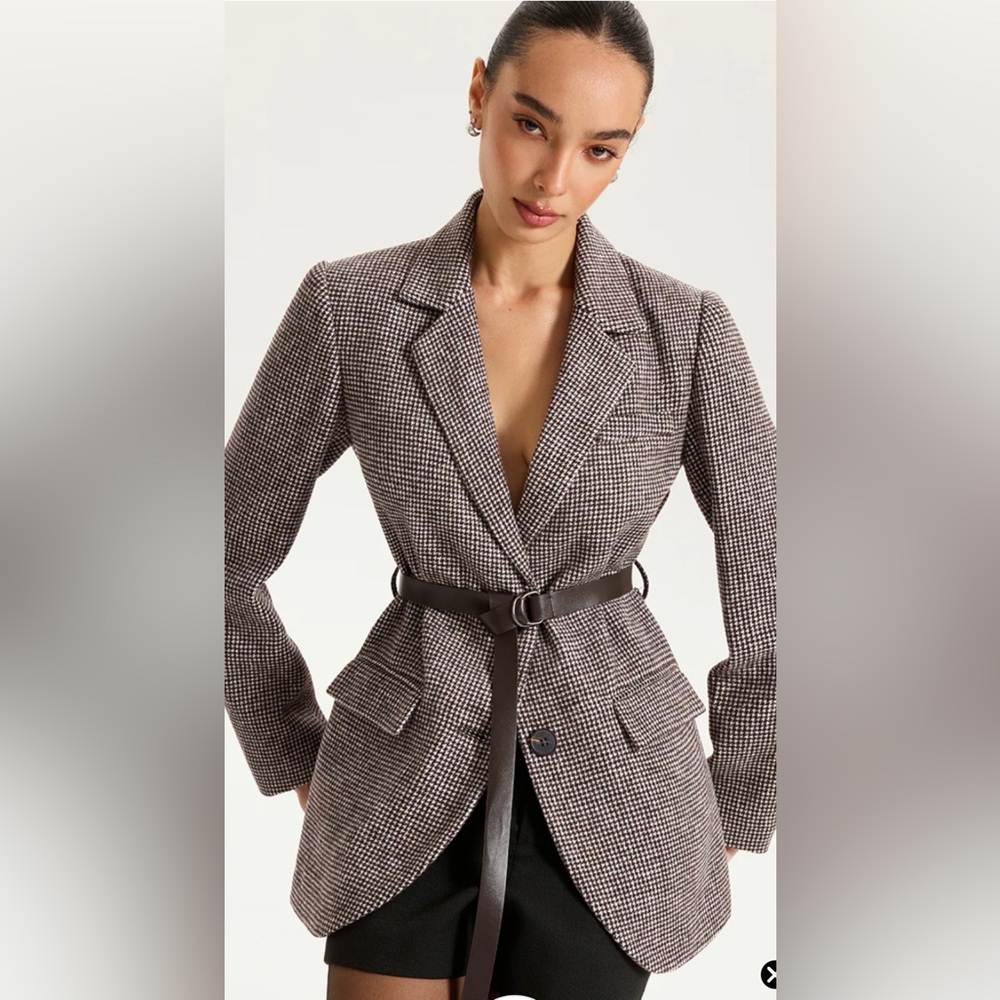 Commense Brown & White Houndstooth Belted Blazer Jacket